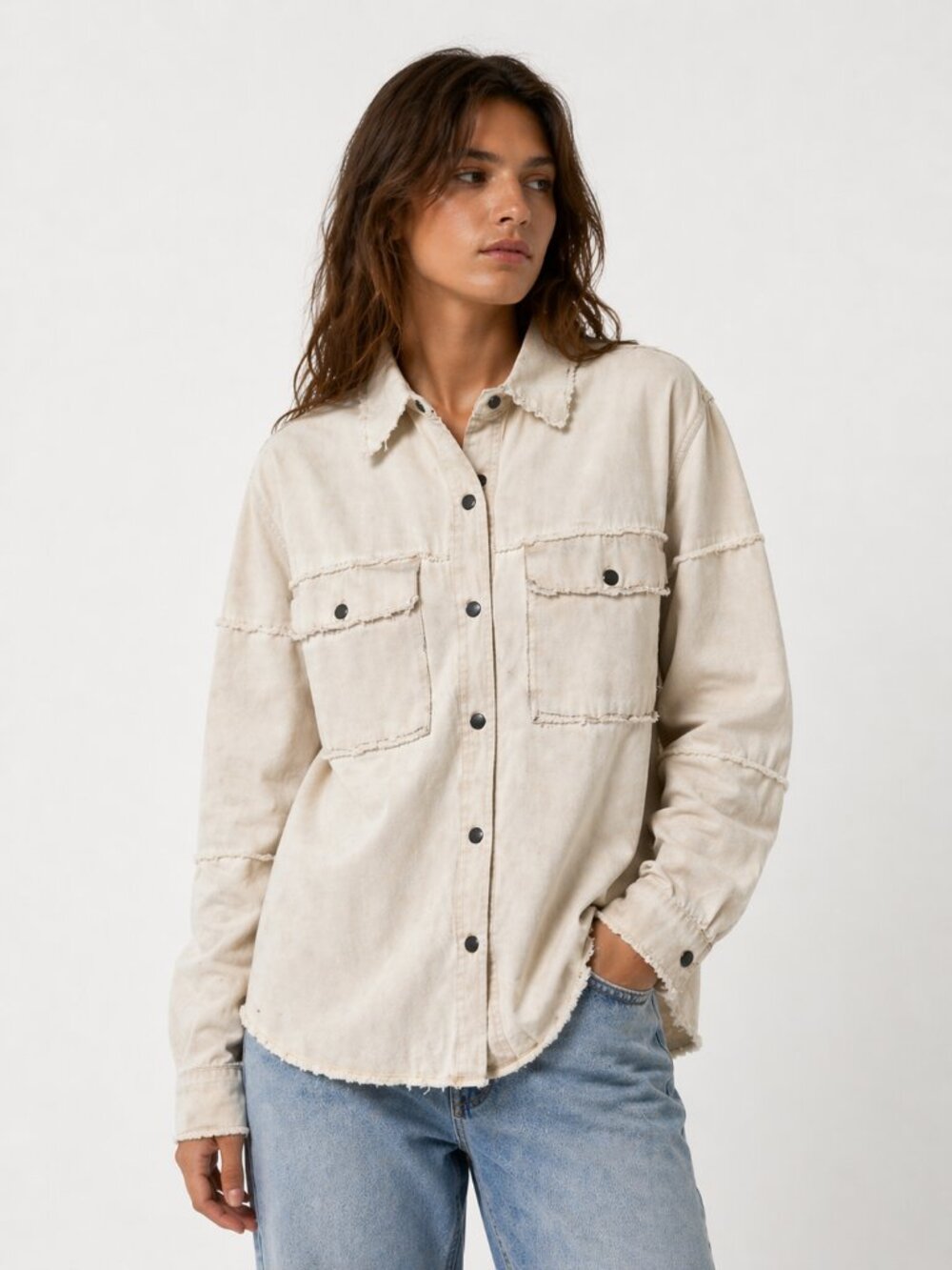Panache Women’s Distressed Rock & Roll Button-Up Cotton Shirt Jacket, S